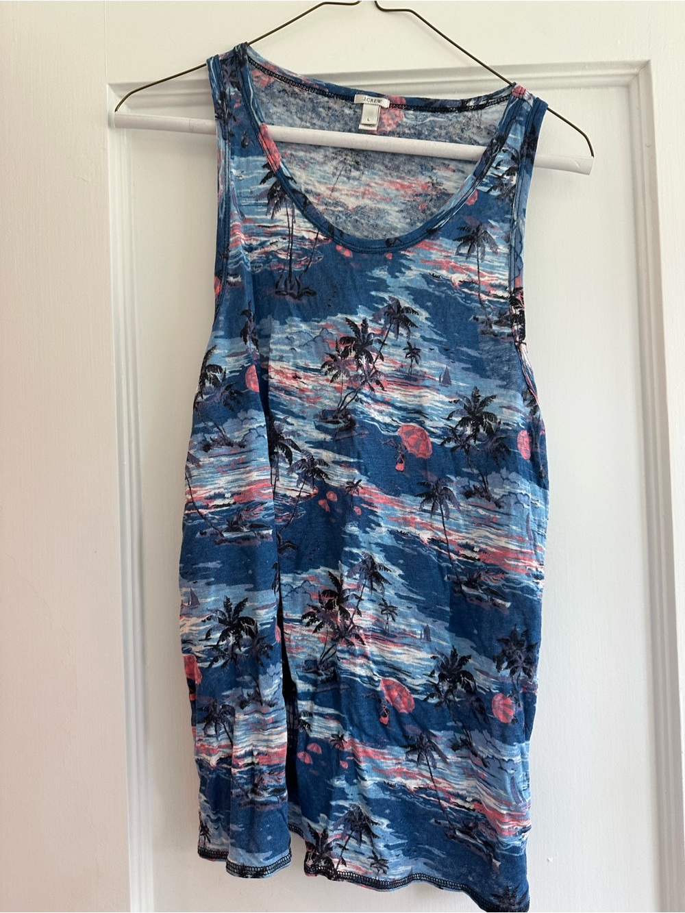 J. Crew Blue Tropical Palm Tank with Pink Accents - Hawaiian Sunset